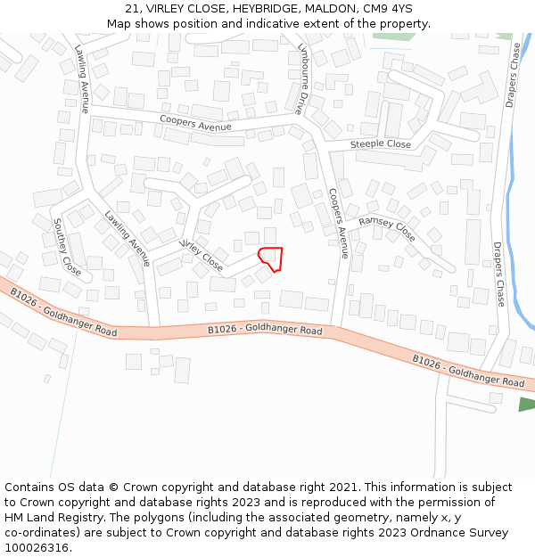 21, VIRLEY CLOSE, HEYBRIDGE, MALDON, CM9 4YS: Location map and indicative extent of plot
