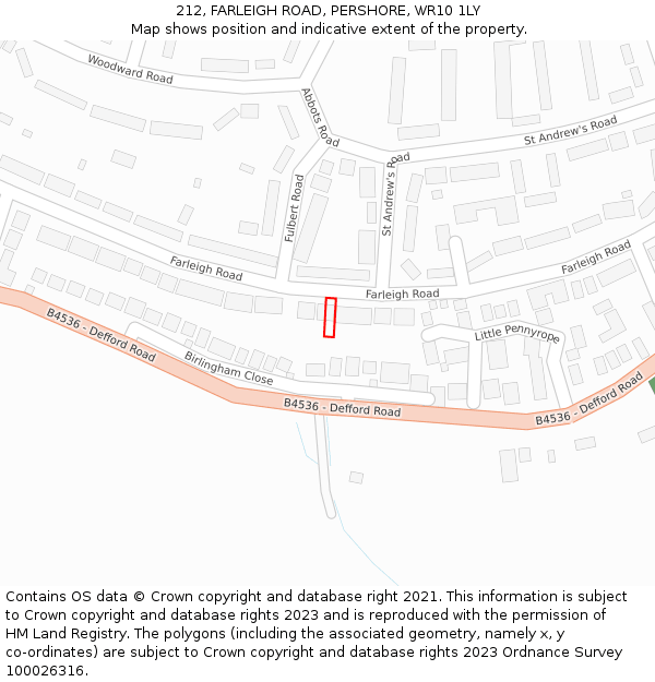 212, FARLEIGH ROAD, PERSHORE, WR10 1LY: Location map and indicative extent of plot