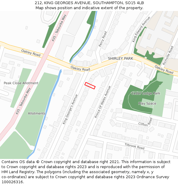 212, KING GEORGES AVENUE, SOUTHAMPTON, SO15 4LB: Location map and indicative extent of plot