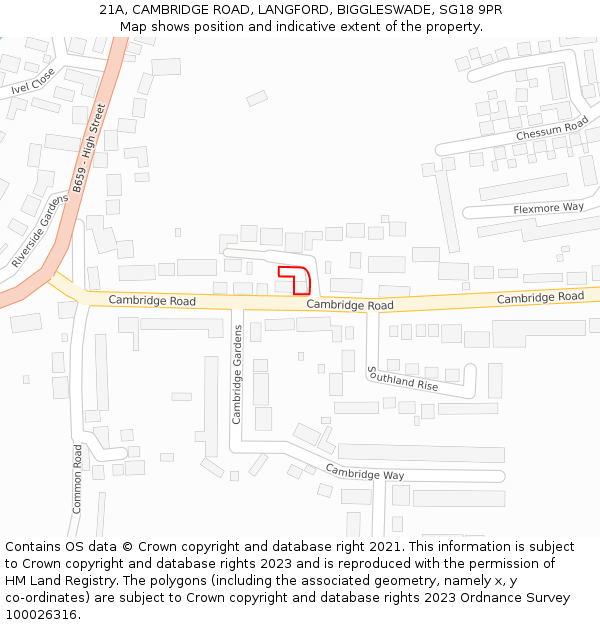21A, CAMBRIDGE ROAD, LANGFORD, BIGGLESWADE, SG18 9PR: Location map and indicative extent of plot