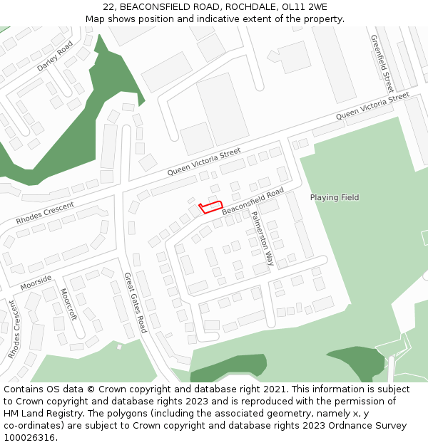 22, BEACONSFIELD ROAD, ROCHDALE, OL11 2WE: Location map and indicative extent of plot