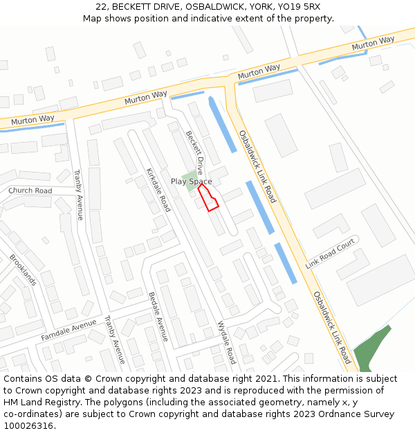 22, BECKETT DRIVE, OSBALDWICK, YORK, YO19 5RX: Location map and indicative extent of plot