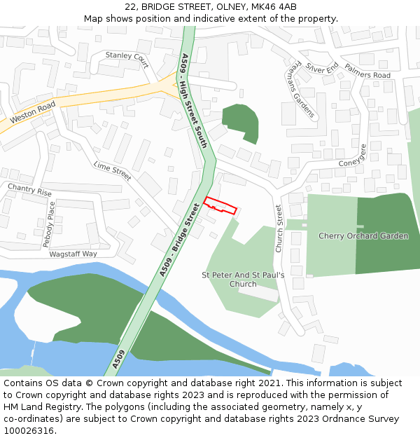 22, BRIDGE STREET, OLNEY, MK46 4AB: Location map and indicative extent of plot