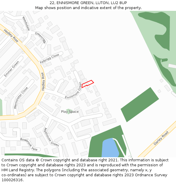 22, ENNISMORE GREEN, LUTON, LU2 8UP: Location map and indicative extent of plot