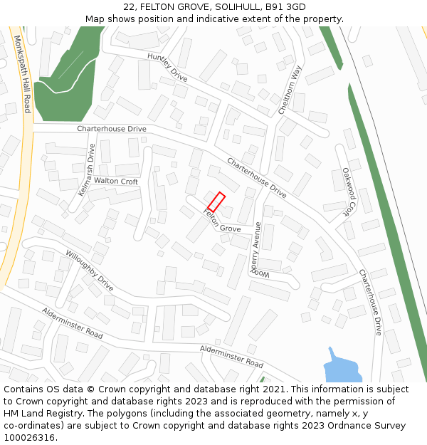 22, FELTON GROVE, SOLIHULL, B91 3GD: Location map and indicative extent of plot