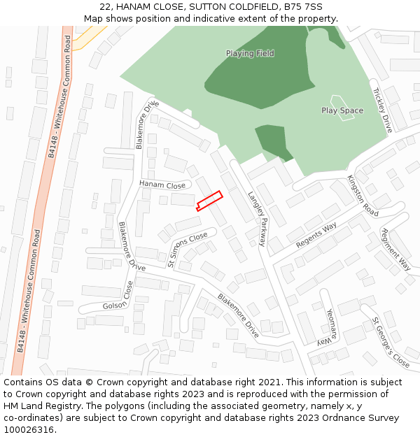 22, HANAM CLOSE, SUTTON COLDFIELD, B75 7SS: Location map and indicative extent of plot