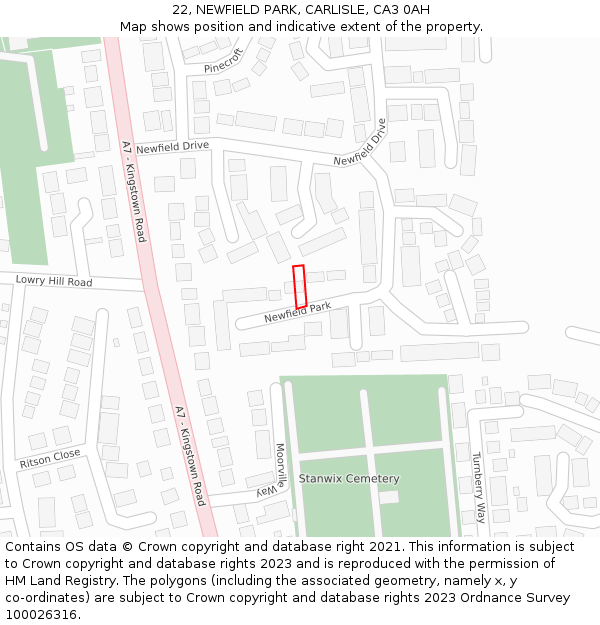 22, NEWFIELD PARK, CARLISLE, CA3 0AH: Location map and indicative extent of plot