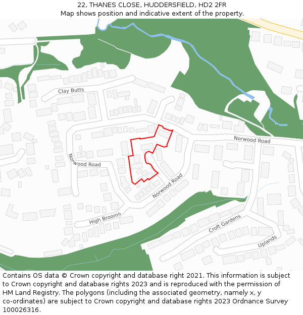 22, THANES CLOSE, HUDDERSFIELD, HD2 2FR: Location map and indicative extent of plot