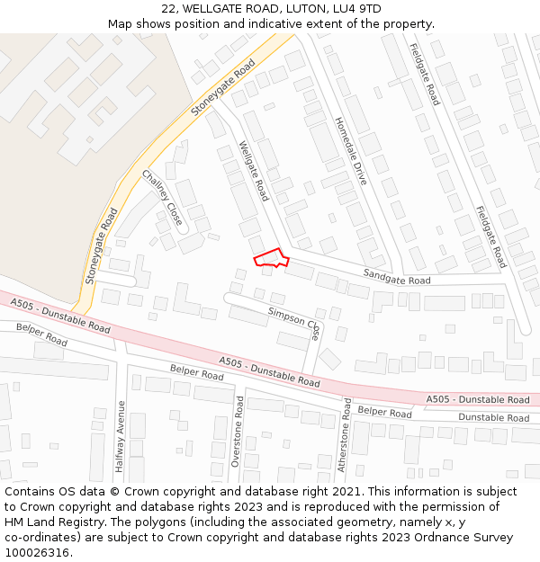 22, WELLGATE ROAD, LUTON, LU4 9TD: Location map and indicative extent of plot