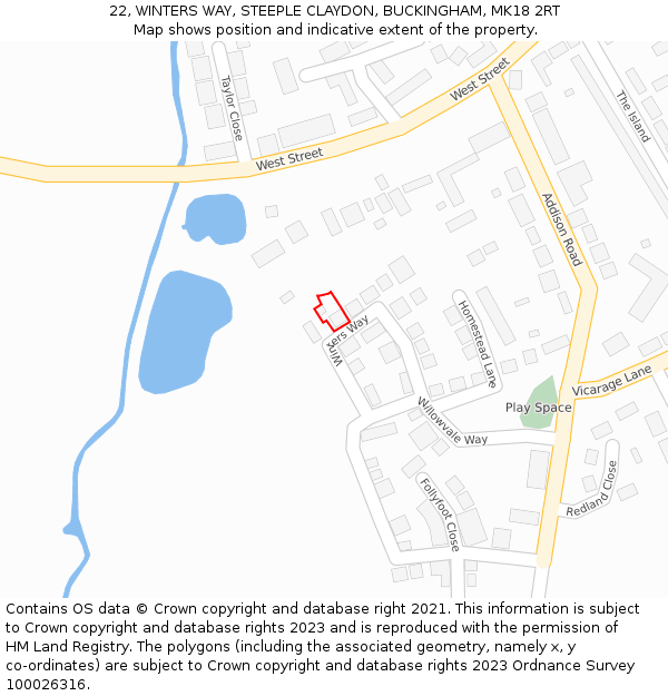 22, WINTERS WAY, STEEPLE CLAYDON, BUCKINGHAM, MK18 2RT: Location map and indicative extent of plot