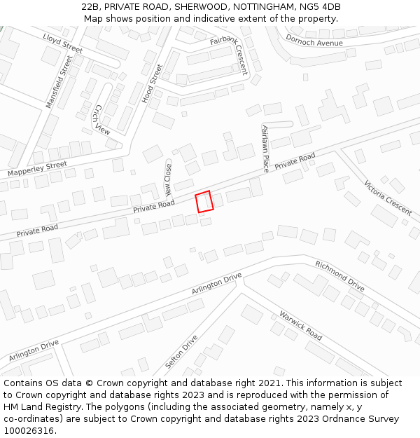 22B, PRIVATE ROAD, SHERWOOD, NOTTINGHAM, NG5 4DB: Location map and indicative extent of plot