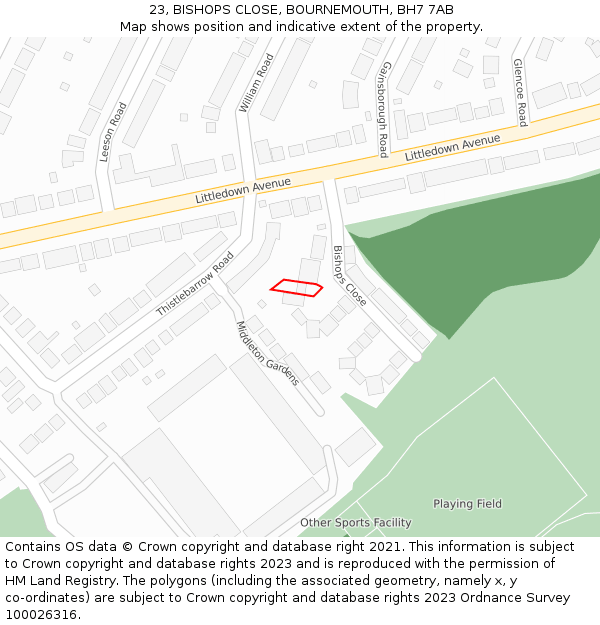 23, BISHOPS CLOSE, BOURNEMOUTH, BH7 7AB: Location map and indicative extent of plot