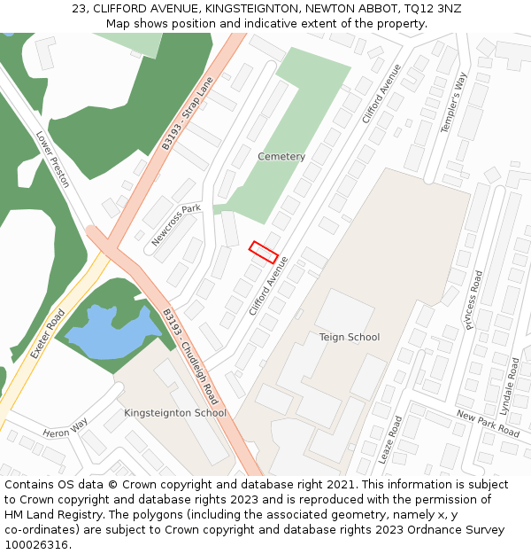 23, CLIFFORD AVENUE, KINGSTEIGNTON, NEWTON ABBOT, TQ12 3NZ: Location map and indicative extent of plot