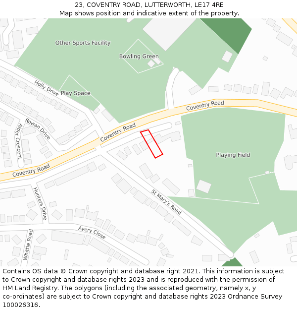 23, COVENTRY ROAD, LUTTERWORTH, LE17 4RE: Location map and indicative extent of plot