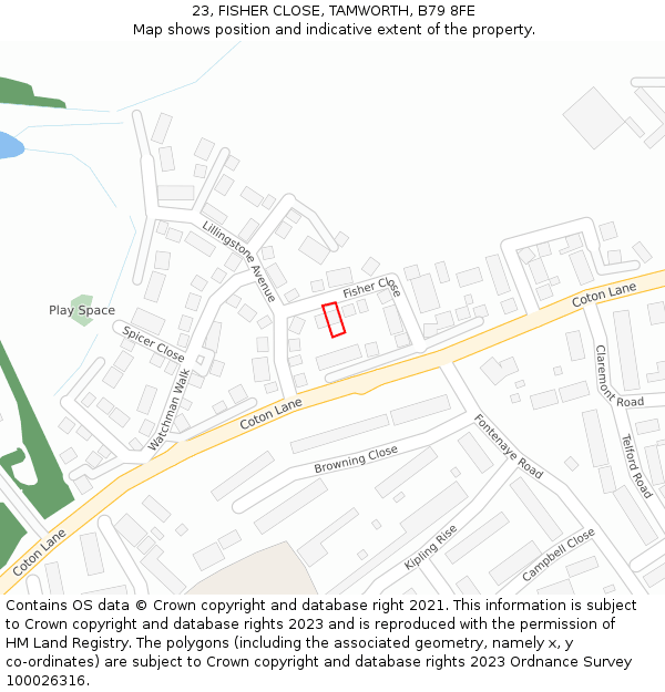 23, FISHER CLOSE, TAMWORTH, B79 8FE: Location map and indicative extent of plot