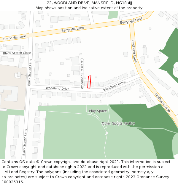 23, WOODLAND DRIVE, MANSFIELD, NG18 4JJ: Location map and indicative extent of plot