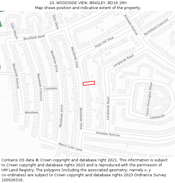23, WOODSIDE VIEW, BINGLEY, BD16 1RH: Location map and indicative extent of plot
