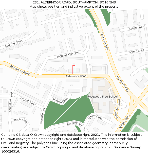 231, ALDERMOOR ROAD, SOUTHAMPTON, SO16 5NS: Location map and indicative extent of plot