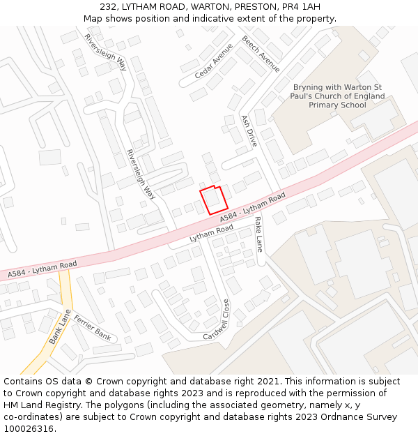 232, LYTHAM ROAD, WARTON, PRESTON, PR4 1AH: Location map and indicative extent of plot