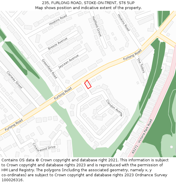 235, FURLONG ROAD, STOKE-ON-TRENT, ST6 5UP: Location map and indicative extent of plot