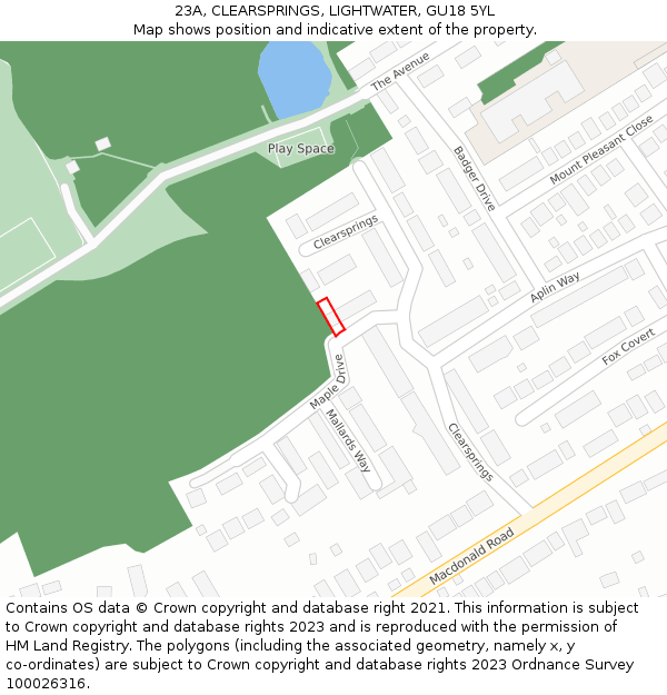 23A, CLEARSPRINGS, LIGHTWATER, GU18 5YL: Location map and indicative extent of plot