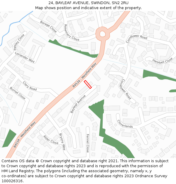 24, BAYLEAF AVENUE, SWINDON, SN2 2RU: Location map and indicative extent of plot