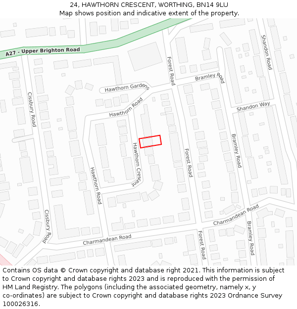 24, HAWTHORN CRESCENT, WORTHING, BN14 9LU: Location map and indicative extent of plot