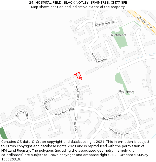 24, HOSPITAL FIELD, BLACK NOTLEY, BRAINTREE, CM77 8FB: Location map and indicative extent of plot