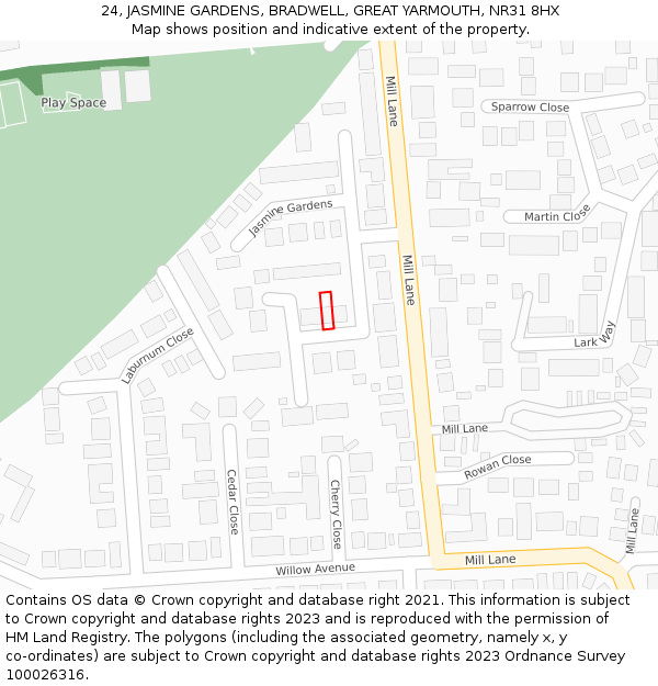 24, JASMINE GARDENS, BRADWELL, GREAT YARMOUTH, NR31 8HX: Location map and indicative extent of plot