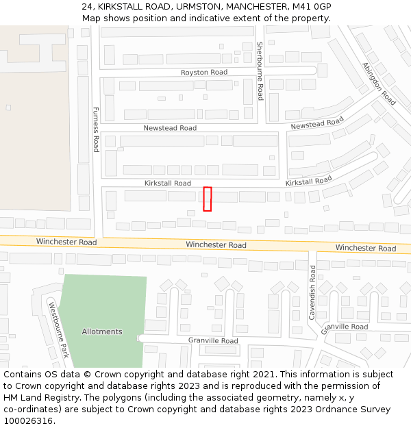 24, KIRKSTALL ROAD, URMSTON, MANCHESTER, M41 0GP: Location map and indicative extent of plot