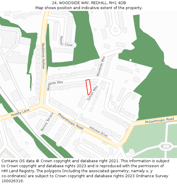 24, WOODSIDE WAY, REDHILL, RH1 4DB: Location map and indicative extent of plot