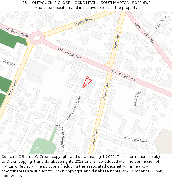 25, HONEYSUCKLE CLOSE, LOCKS HEATH, SOUTHAMPTON, SO31 6WF: Location map and indicative extent of plot