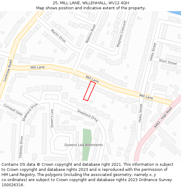 25, MILL LANE, WILLENHALL, WV12 4QH: Location map and indicative extent of plot