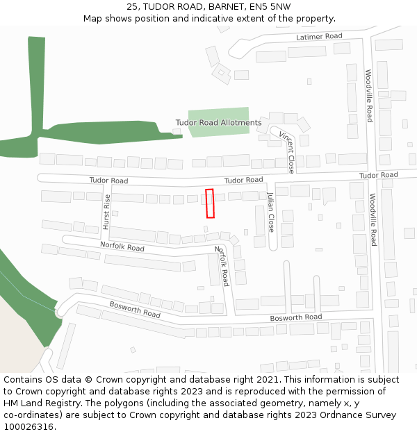 25, TUDOR ROAD, BARNET, EN5 5NW: Location map and indicative extent of plot