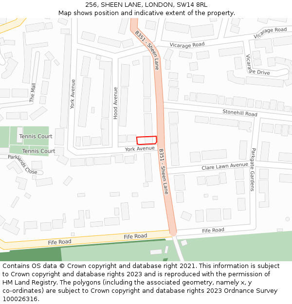 256, SHEEN LANE, LONDON, SW14 8RL: Location map and indicative extent of plot