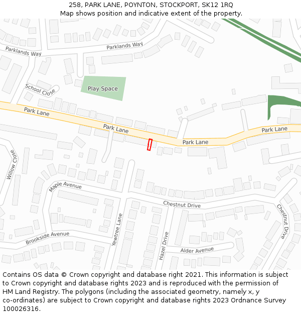 258, PARK LANE, POYNTON, STOCKPORT, SK12 1RQ: Location map and indicative extent of plot