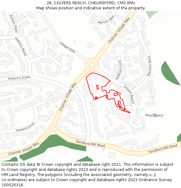 26, COLYERS REACH, CHELMSFORD, CM2 6RN: Location map and indicative extent of plot