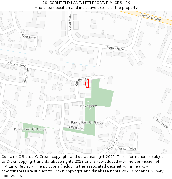 26, CORNFIELD LANE, LITTLEPORT, ELY, CB6 1EX: Location map and indicative extent of plot