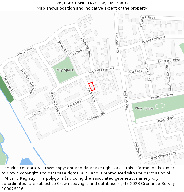 26, LARK LANE, HARLOW, CM17 0GU: Location map and indicative extent of plot
