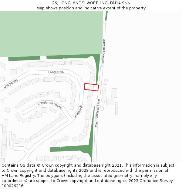 26, LONGLANDS, WORTHING, BN14 9NN: Location map and indicative extent of plot