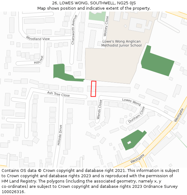 26, LOWES WONG, SOUTHWELL, NG25 0JS: Location map and indicative extent of plot