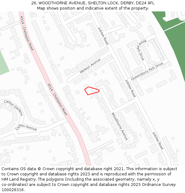 26, WOODTHORNE AVENUE, SHELTON LOCK, DERBY, DE24 9FL: Location map and indicative extent of plot