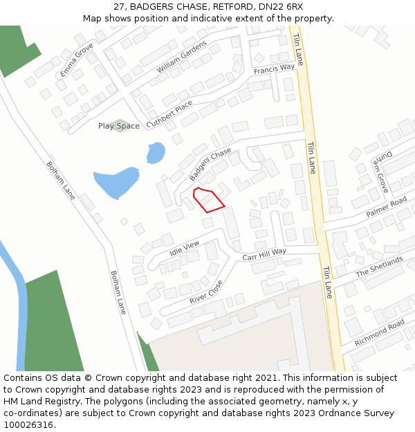 27, BADGERS CHASE, RETFORD, DN22 6RX: Location map and indicative extent of plot