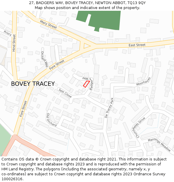 27, BADGERS WAY, BOVEY TRACEY, NEWTON ABBOT, TQ13 9QY: Location map and indicative extent of plot