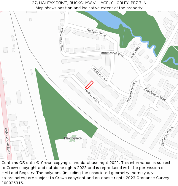 27, HALIFAX DRIVE, BUCKSHAW VILLAGE, CHORLEY, PR7 7LN: Location map and indicative extent of plot