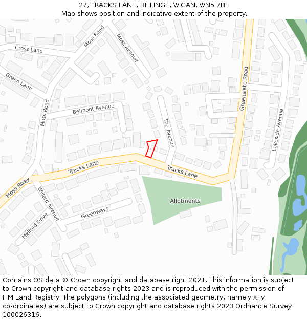27, TRACKS LANE, BILLINGE, WIGAN, WN5 7BL: Location map and indicative extent of plot