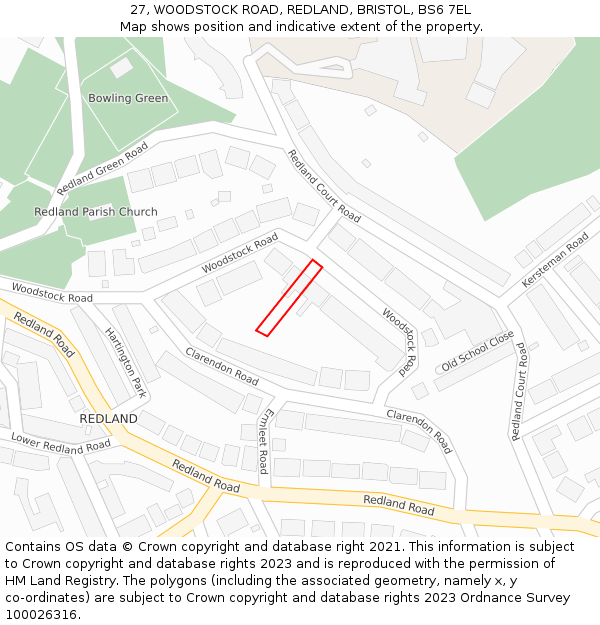27, WOODSTOCK ROAD, REDLAND, BRISTOL, BS6 7EL: Location map and indicative extent of plot