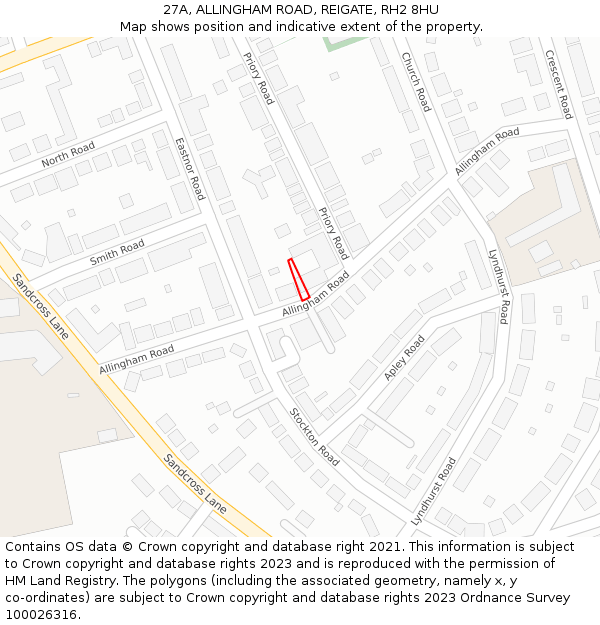 27A, ALLINGHAM ROAD, REIGATE, RH2 8HU: Location map and indicative extent of plot