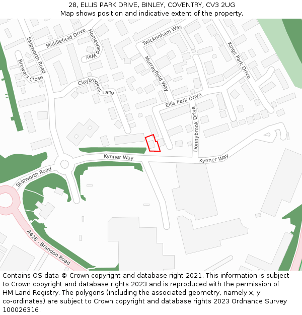 28, ELLIS PARK DRIVE, BINLEY, COVENTRY, CV3 2UG: Location map and indicative extent of plot