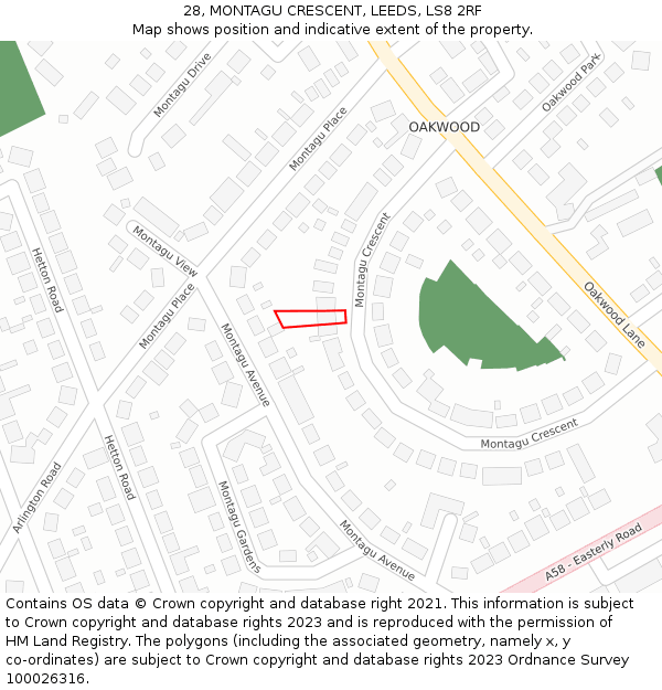 28, MONTAGU CRESCENT, LEEDS, LS8 2RF: Location map and indicative extent of plot